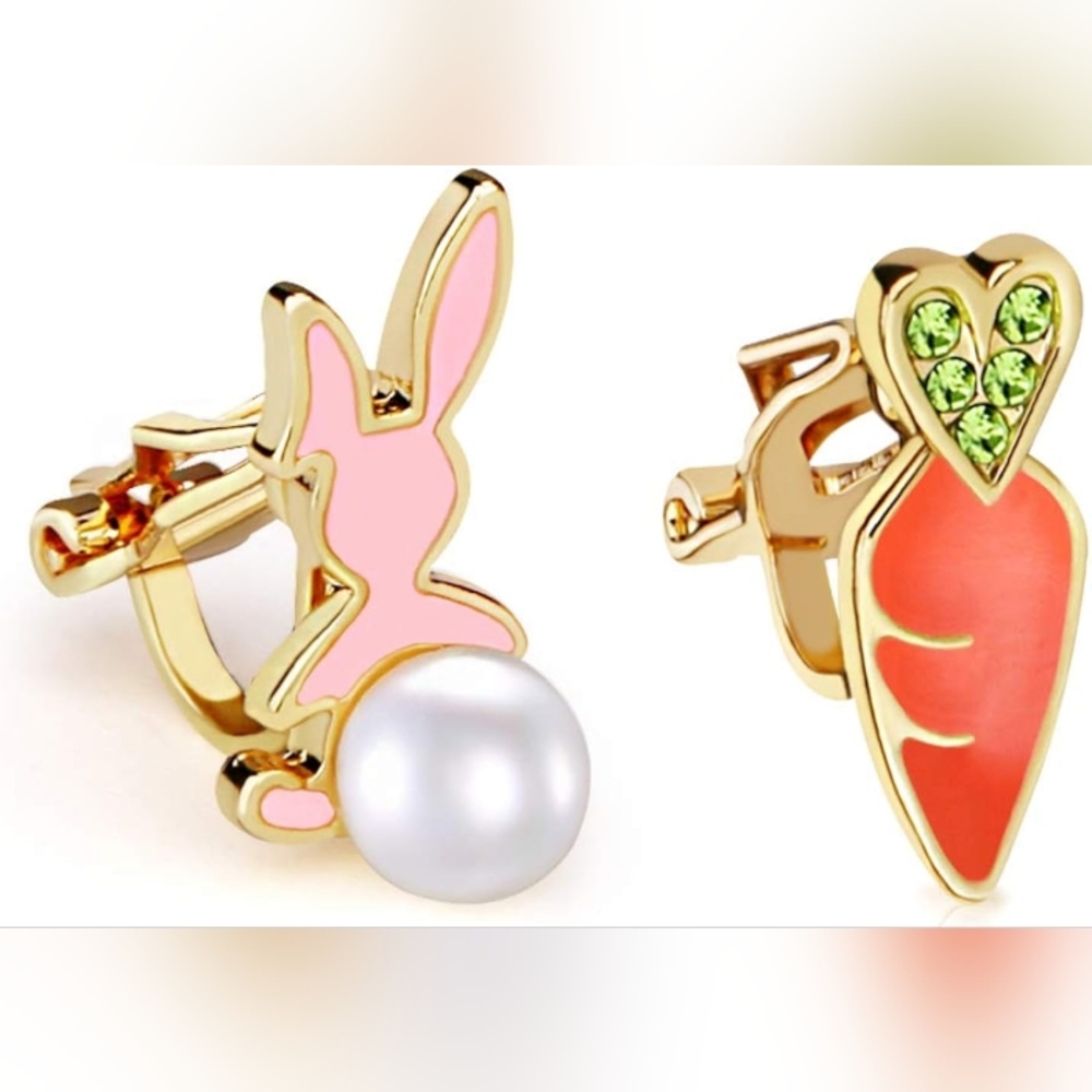 Clip On Earrings, Rabbit with Crystal Pearl Tail & Carrot